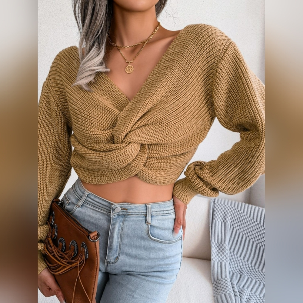 Twist Knot Waffle Knit Sweater Wrap Crop Top Long Sleeve V-neck Light Shirt Tan